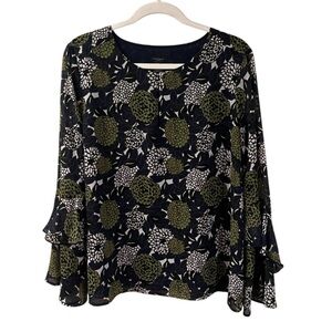 Ann Taylor Factory Floral Layered Ruffle Sleeve Blouse  Blue Green